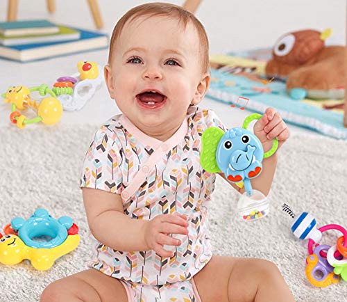 GRACEON Baby Rattles Teether Toy | Set for Newborns & Infant Developmental Hand Grip Baby Toys | Cute Animal with Sound for 3 6 9 12 Months and Newborn Gift| Perfect for Boys and Girls (4 Pack)