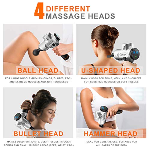 Massage Gun, ABsuper Upgraded Percussion Massager, Deep Tissue Massager with Four Different Heads for Different Muscle Groups, Cordless Handheld Massager for Muscles, Neck, Back, Leg, Shoulder, Hand