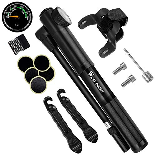 WESTGIRL Bike Pump with Gauge & Glueless Puncture Repair Kit - 300 PSI - Fits Presta & Schrader - Portable Bicycle Frame Pump for Road, Mountain and BMX Bikes, Mount Kit & Ball Needle Included
