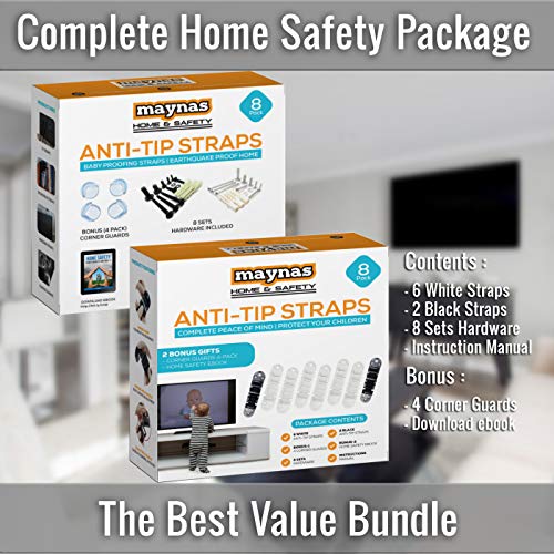 Furniture and TV Anti Tip Straps - Wall Anchor Kit for Baby Proofing Dresser, Bookshelf, Bookcase - Heavy Duty Earthquake Resistant - Protection for Children 8 Pack White & Black Free 4 Corner Guards