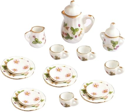 Amazon.com: Creative Ceramic - Juego de mini té de cerámica con diseño de flores verdes de porcelana, juego de té de cerámica para niños, juguete de cocina para niños y adultos, 15