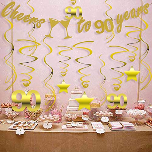 Gold 90th Birthday Party Decorations KIT - Cheers to 90 Years Banner, Sparkling Celebration 90 Hanging Swirls, Perfect 90 Years Old Party Supplies 90th Anniversary Decorations