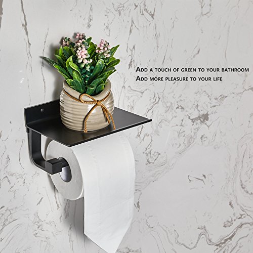 YAZOO Wall Mounted Toilet Paper Holder Black Stainless Steel Roll Holder With Mobile Phone Storage Shelf Adhesive Bathroom Accessories (Black-Two ways install) - Thumbnail 3
