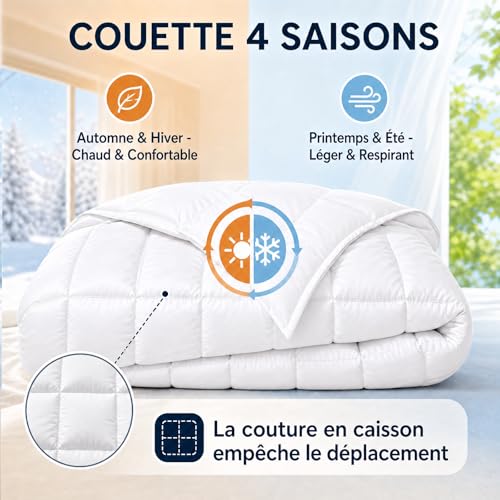 Yalamila Couette 200x200 4 Saisons | pour lit 2 Personnes | Couette Plumes & Duvet d'oie |100% Coton | Édredon Ultra Douce et Gonflant | Certifiée Oeko-Tex | Lavable en Machine，Blanc