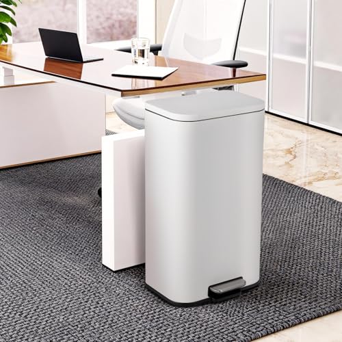 30L Stainless Steel Trash Can for Kitchen, Office, Bathroom – Rectangular, Soft-Close Lid, Foot Pedal, Removable Bucket, Fingerprint-Proof, Space-Saving,White