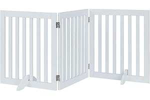 unipaws 24”H Free Standing Pet Gate for Dog Cat Baby, Wooden Dog Gates for Doorway, Stairs, Step Over Foldable Pet Fence for The House, Expandable Dog Barrier, Indoor Use, White
