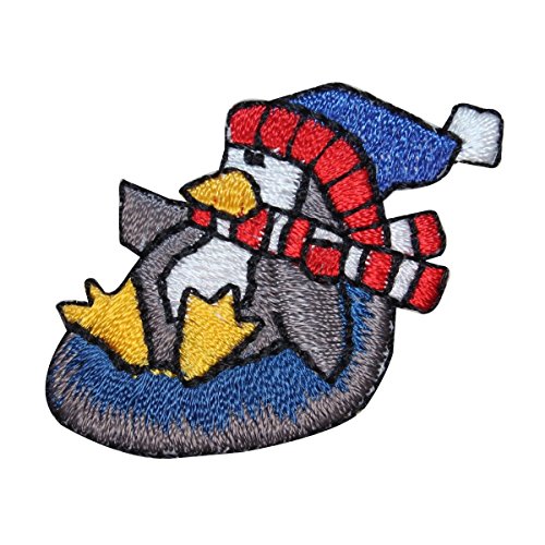 ID 8226C Penguin Sledding Patch Winter Snow Slide Embroidered Iron On Applique