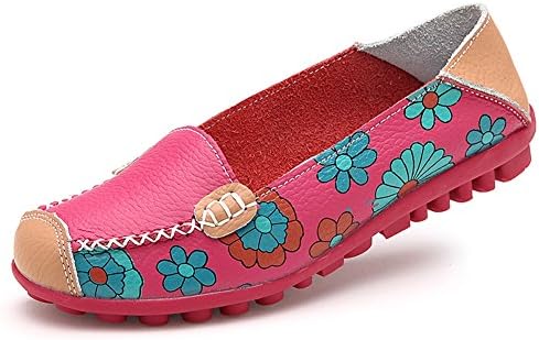 Womens Cowhide Floral Print Flat Casual Slip on Driving Loafer Shoes