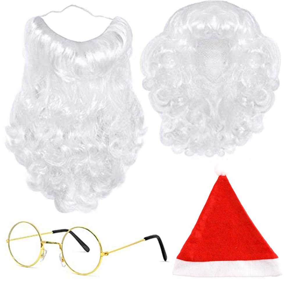 BigOtters BigOtters Santa Costume Accessory, 4pcs Christmas Set with Glasses, Xmas Hat, Deluxe Long White Santa Claus Beard and Wig for Men Women Cosplay Dress up Props