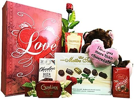 Chocolate Gift Basket with Madelaine Semi Solid Milk Chocolate Rose, Plush Chocolate Kiss Bear, Maitre Truffaut Assorted Pralines, Truffettes de France Truffles &amp; Belgian Chocolate Milk Truffles