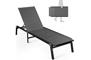 WOAJNQO Aluminum Chaise Foldable Patio Lounge Chair Outdoor, Metal Deck Lounger Adjustable 5-Position Recliner Pool Chase Breathable Full Flat Outside Sun Tanning Chairs for Beach/Poolside/Lawn(Grey, 1 Pack)