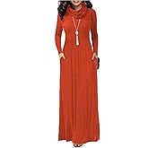 Soinku Women's Fall Winter Long Sleeve Casual Maxi Dress Cowl Neck Empire Waist Plain Loose Long Dress with Pockets