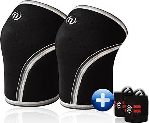 Premium Knee Sleeves (Pair) 7mm Neoprene - Compression &amp; Support for Weightlifting, Powerlifting, Squats, Gym etc. 1 year warranty - BONUS: Heavy Duty Wrist Wraps (Set of 2) (Black, Large)