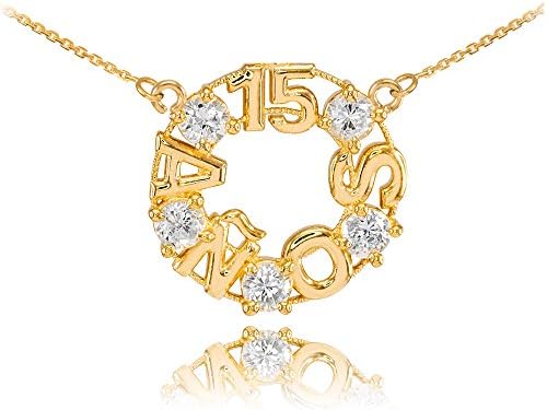 14k Yellow Gold Quinceanera Charm 15 Anos CZ Pendant Necklace, 22"