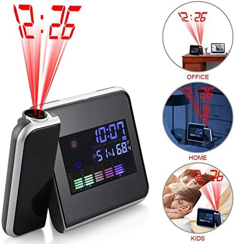 dubaobei Projection Alarm Clock,Ceiling Digital Clock LCD Color Screen Display AC & Battery Operated with Dimmer Calendar Weather Station Snooze Function for Besides, Bedroom, Home, Office