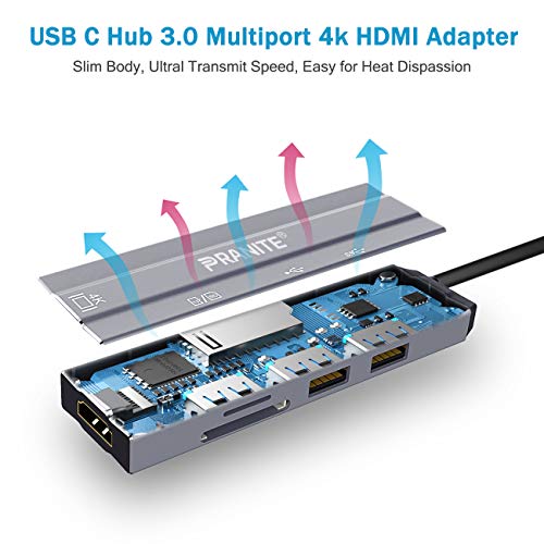 USB C Hub Multiport Adapter,PRANITE 6-in-1 Portable Aluminum Dongle Docking Station with 4K 30Hz HDMI Output,USB3.0/2.0 SD Card Reader, Compatible for MacBook and More Type C Devices(Space Gray)