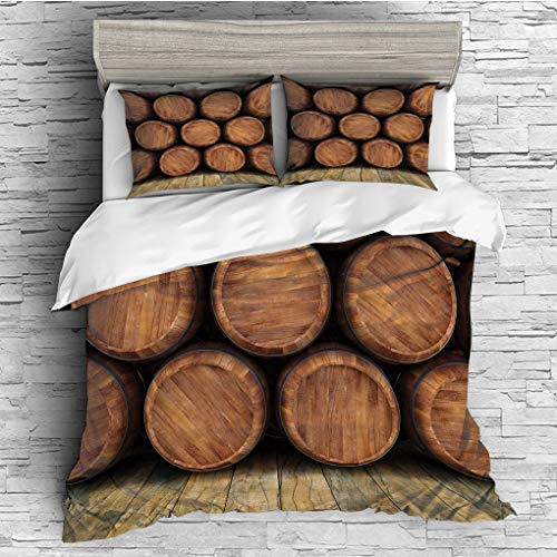 3 Pieces (1 Duvet Cover 2 Pillow Shams)/All Seasons/Home Comforter Bedding Sets Duvet Cover Sets for Adult Kids/Queen/Wine,Wall of Wooden Barrels Wine Stack Storage Gallon Antique Vintage Container Ru