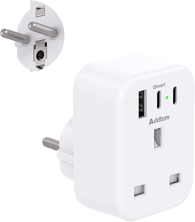 Addtam UK to EU Plug Adapter with 3 USB Ports Type E/F Schuko 3250W