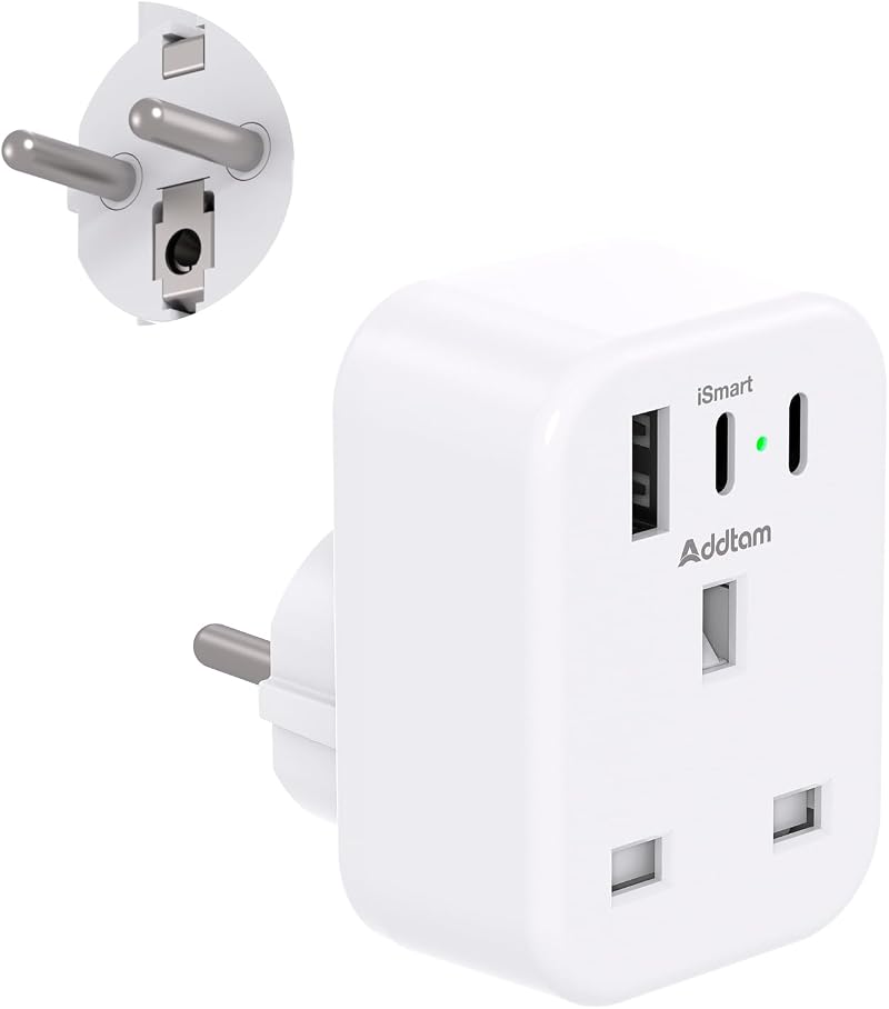Addtam UK to EU Plug Adapter with 3 USB Ports Type E/F Schuko 3250W