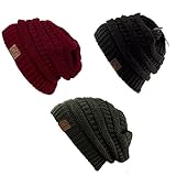 Trendy Warm Chunky Soft Stretch Cable Knit Slouchy Beanie Skully HAT20A (One Size, 3 PACK BURGUNDY/DARK OLIVE/BLACK)