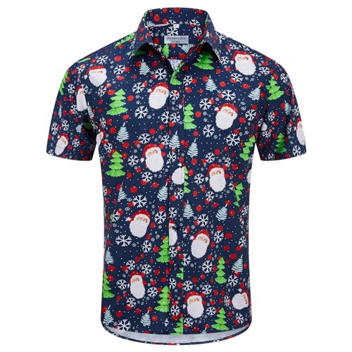 Men's Ugly Christmas Hawaiian Shirt - Santa & Snowman Short Sleeve Button-Up Holiday Shirt