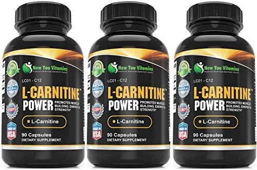 L-Carnitine Power Muscle Building, Energy L-Carnitine 1000mg 270 Capsules 3 Bottles by New You Vitamins