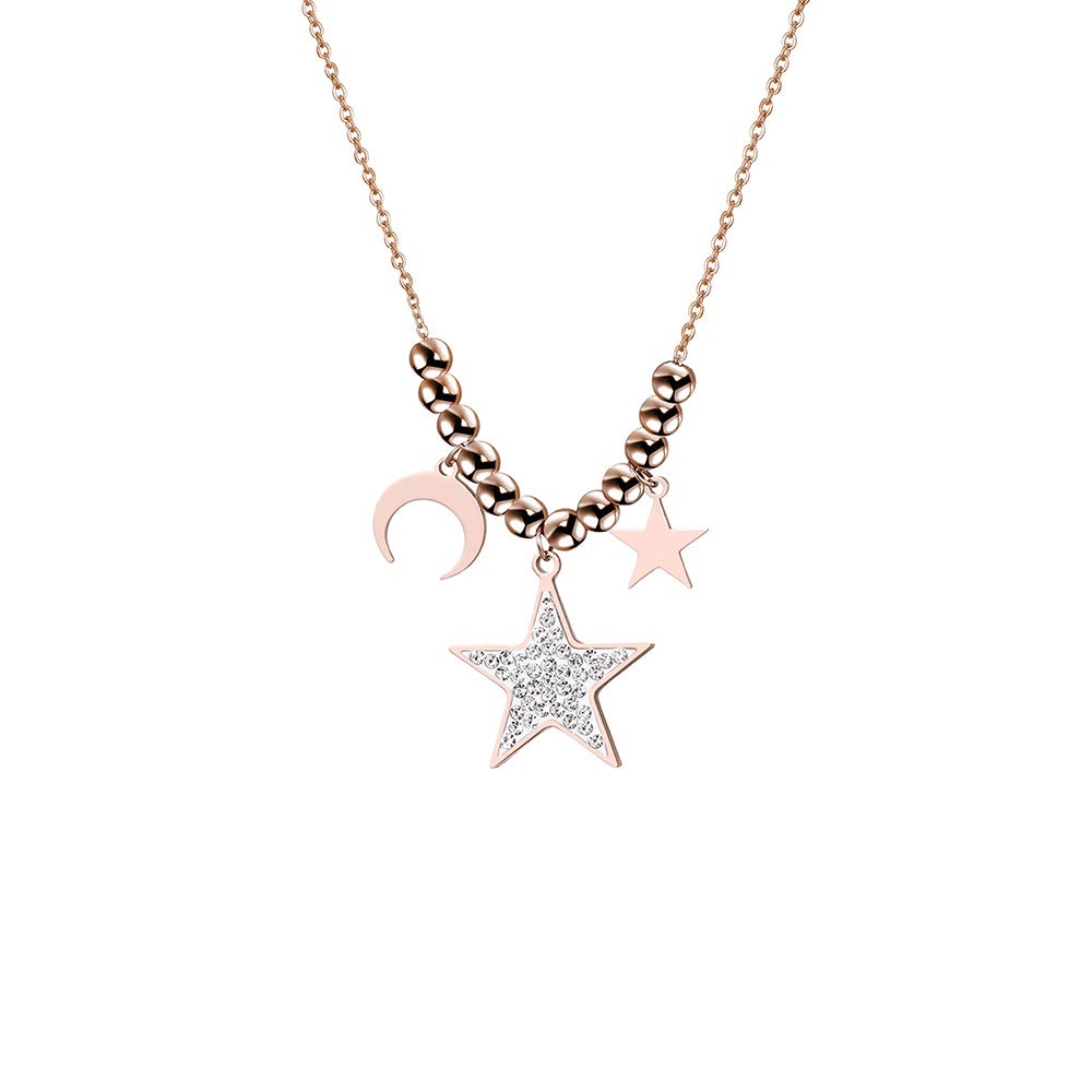 Anti-Allergic Stainless Steel Necklace for Women, Star Moon Pendant with Bright Crystal Trendy Jewelry Women Choker Clavicle Necklace Gift for Friends, Mother