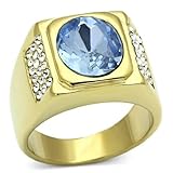 Men's Yellow Gold Plated Light Blue Oval Synthetic Stone Ring, Size 10