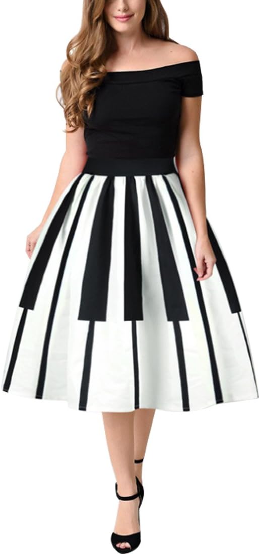 Aiweijia Women Casual Piano Keys Print Pattern Mini Knee Length Skater Skirt