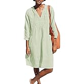 Lafural Womens V Neck Cotton Casual Loose Shift Tunic Smock Summer Dresses Vacation Dress 3/4 Sleeve Pocket