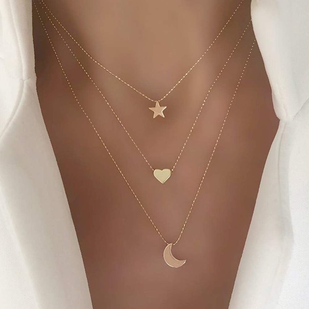 Ceqiny Multi-layer Choker Necklace Star Heart Moon Necklace Pendant Adjustable Chain Necklace Long Chain Tassels 3-Layer Charm Pendant Choker Friendship Necklace Gift for Women Girls, Gold: Clothing