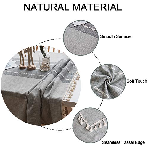 Washable Stitching Tassel Embroidery Tablecloth, Anti-Fading Non-Slip Cotton Linen Rectangle Table Cover Great for Kitchen Dinning Tabletop Buffet Decoration（55x78 Inch, Grey）