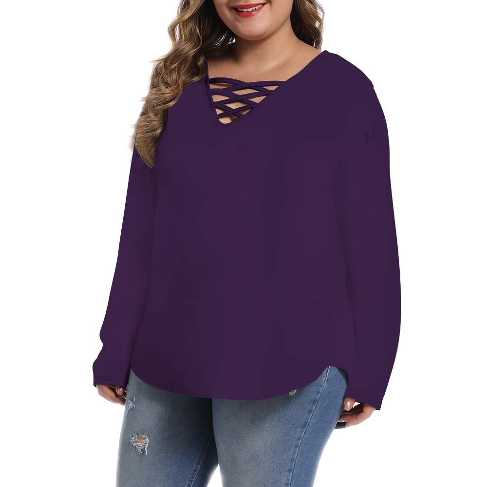 caidyny Womens Plus-Size Sexy V-Neck Tops, Causal Long Sleeve Soild Color Tunic Shirts(Purple, 3XL)