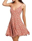 POGT Women's V-Neck Spaghetti Strap Backless Floral Print Mini A-Line Dress