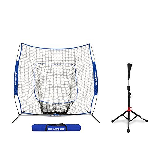 PowerNet Baseball Softball 7x7 Practice Net Bundle w/ Travel Tee (Royal Blue)