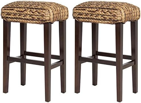 LTL Shop Set of 2 Hand Woven Seagrass Bar Stools Mahogany Wood Frame Bar Height