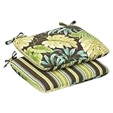 Pillow Perfect Indoor/Outdoor Green/Brown Tropical/Striped Reversible Seat Cushion, Rounded, 2-Pack
