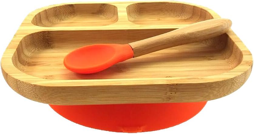 Kids / Toddler Bamboo Silicone Suction Dish / Plate Set with Spoon (light orange)