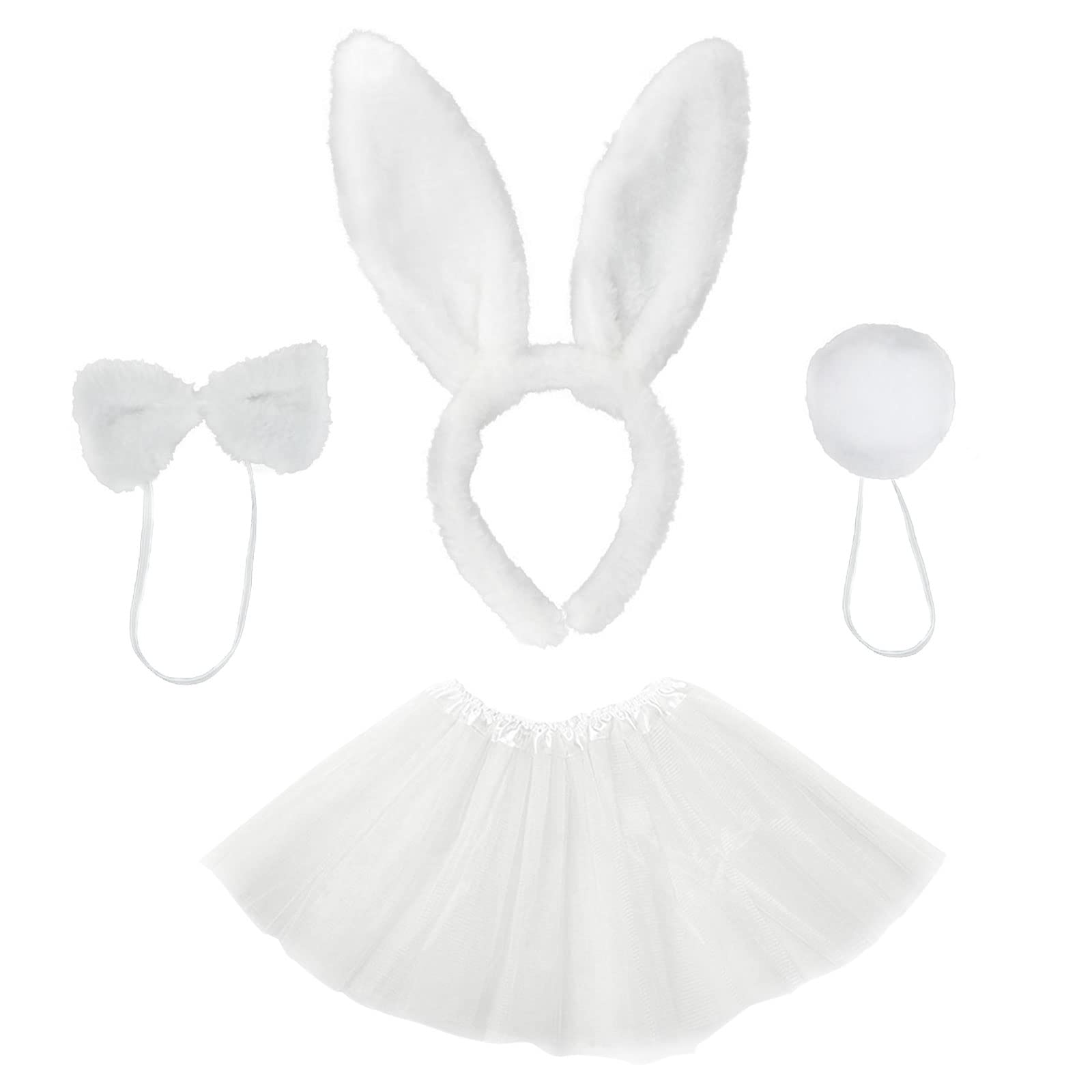 VIKSAUN 4 Pcs Easter Bunny Costume Gifts Rabbit Decoration with Ear Headband Bowtie Tutu Outfit Set, Bunny Rabbit Ears on Headband Fancy Dress and Cosplay Bunny Rabbit Accessories Tutu Costume (White)