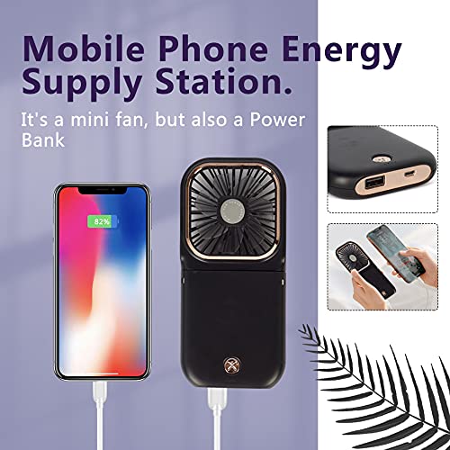 Portable Mini Fan - 5 in 1 with Power Bank, Phone Holder, Handheld & Desk Fan - USB Rechargeable, 3000 mAh Power Bank, 3 Speed Adjustable, Neck Lanyard - Black
