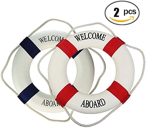 2PCS Welcome Cloth Decorative Life Ring, Buoy Home Wall Nautical Decor, Mediterranean Style for Home/ Café/ Bar (5.5 inch, Red&amp;Blue)