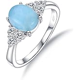 MDFUN Natural Larimar Ring for Women 925 Sterling Silver 7 * 9mm Oval-shaped Blue Gemstone with Halo CZ Eternity Band Jewelry Gifts