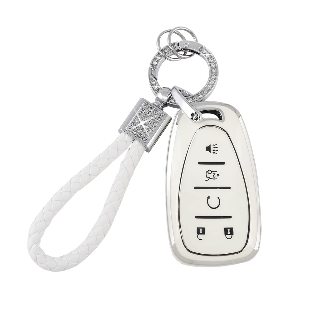 Photo 1 of PIFOOG Key Fob Cover for Chevy Keychain Bling White Silver TPU 5 Button Car Keys Case Shell Protector for Chevrolet Equinox Traverse Blazer Trailblazer Malibu Camaro Spark Women Girly
