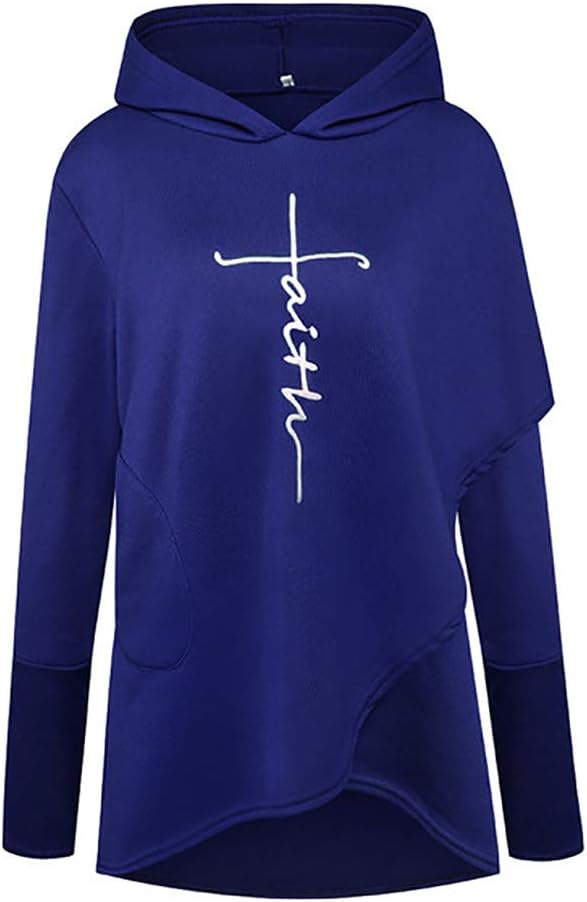 fexgaoo Women Faith Letter Printed Long Sleeve Hooded Hoodie Sweatshirt Pullover Pocket