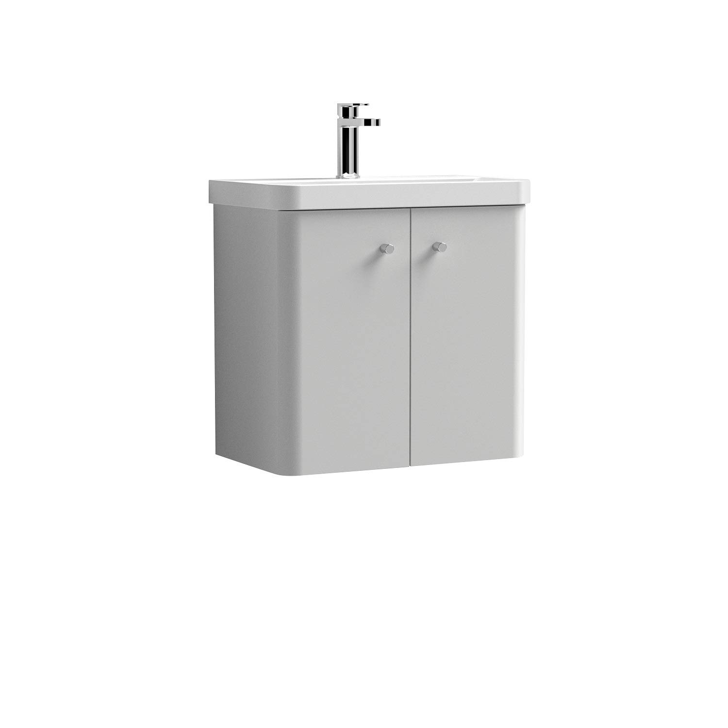 Nuie COR405 Core Modern Bathroom Wall Hung 2 Door Vanity Unit and 1 Tap Hole Ceramic Basin, 589 x 605 x 355mm, Gloss Grey Mist