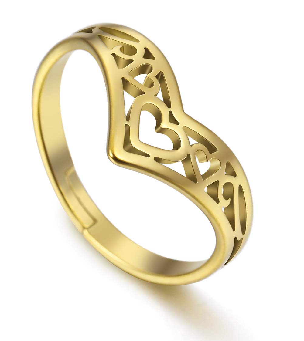 Amaxer Celtic Stainless Steel Heart Ring Gold Crown Shaped Adjustable Wishbone Ring for Women (gold)