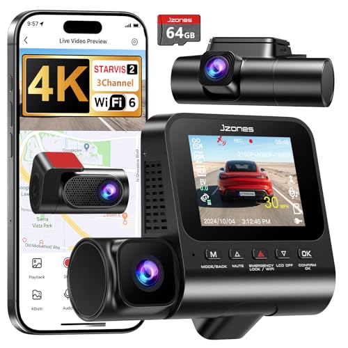 3 Channel Car Dashcam 4K, STARVIS 2 Night Vision and HDR with Front, Rear and Interior Dash Cam, Loop Recording, 24H Surveillance Parking, G-Sensor, WiFi 6, GPS and 64GB SD Card Included
