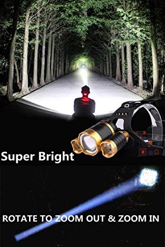 LED Headlamp 5000 Lumen Zoomable Super Bright,Headlight Bicycle Flashlight,4 Modes,Adjustable,Micro usb charging port Rechargeable 18650 Battery Batteries & Dual Smart Charger (Golden-RJ-3t-5000)
