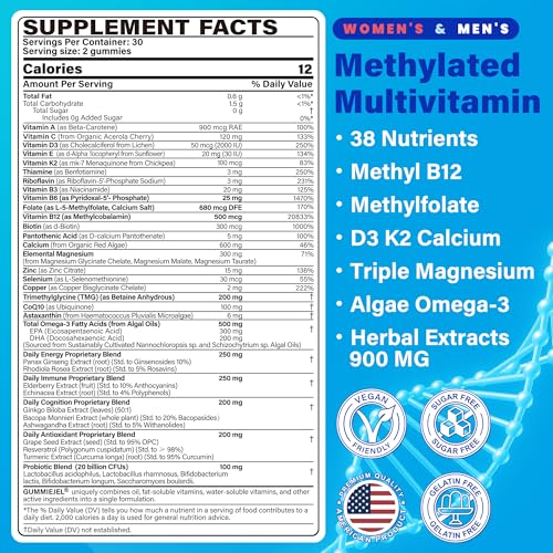 Methylated Multivitamin for Women & Men Gummies w/ Omega-3, Calcium, D3 K2, Methylfolate & B12, TMG, Daily Vitamins, Mag, CoQ10, Probiotic for 18 30 40 50 60 70+, Overall Health - Vegan, Sugar Free