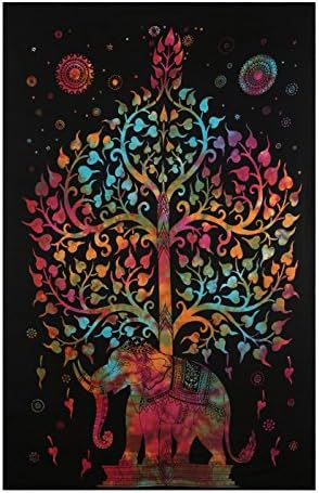 Harsh House Fashions Bohemian Psychedelic Tree of Life Elephant Mandala Printed Tapestry Wall Hanging Decoration (Multi Colour, 84 X 54 inches)